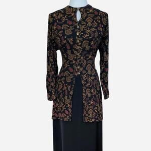 1990s J.B.S. Ltd Paisley Floral Crinkle Tunic Black Gold Vintage Large